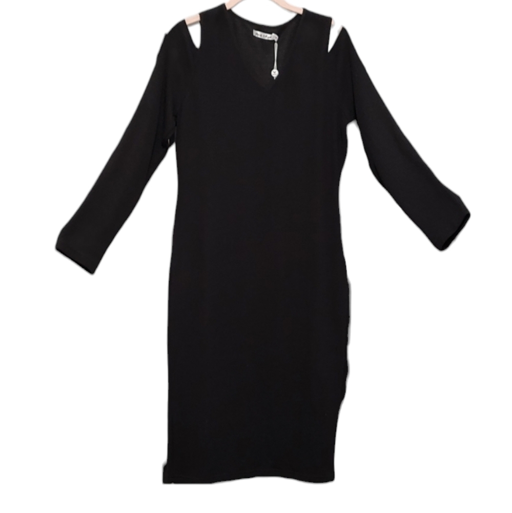 New Waffle Knit Black Cold Shoulder Dress Sz XL by White Mark